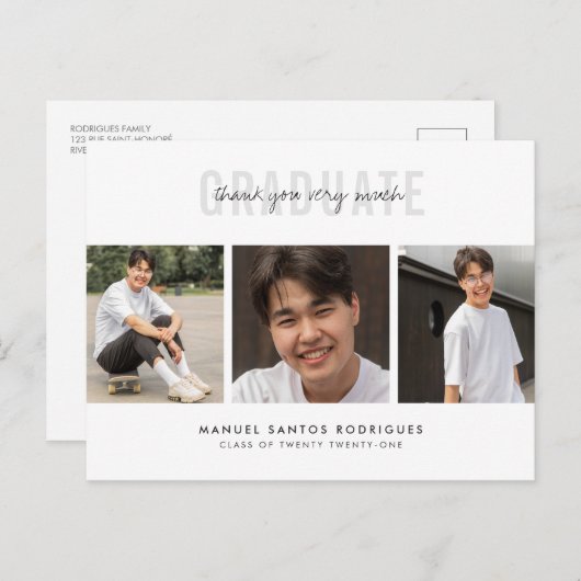 卒業式ありがとうミニマルな3フォトコラージュ ポストカード (正面/裏面)