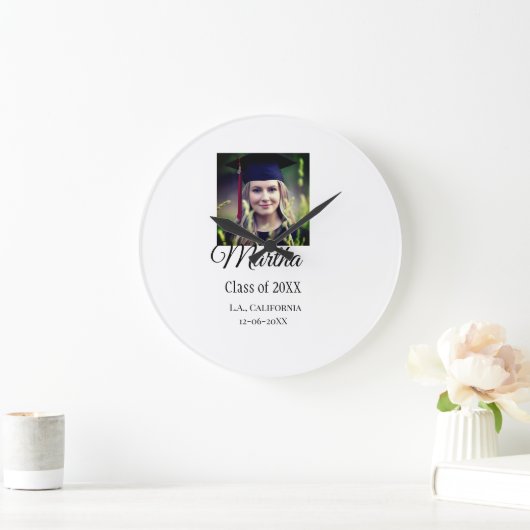 卒業式おめでとう名を追加する写真都市日付クラス ラージ壁時計 (ホーム)