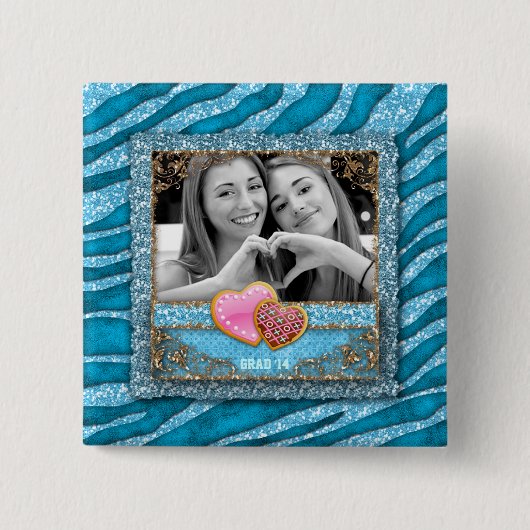 卒業式おもしろいゼブラグリッター写真ハート 缶バッジ (正面)