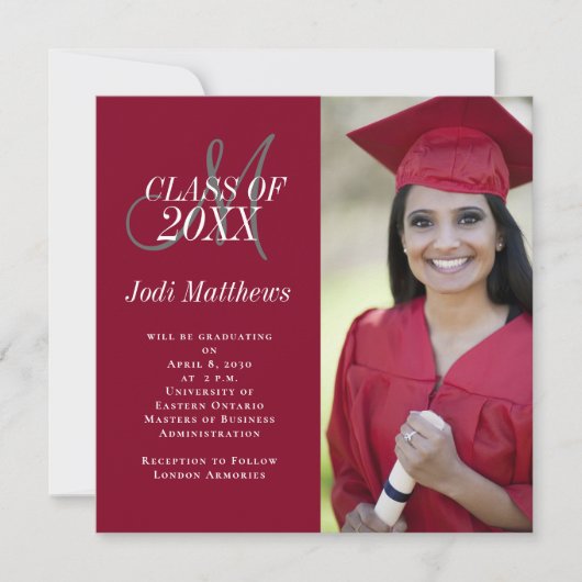 卒業式お知らせモノグラム写真パーティー 招待状 (正面)