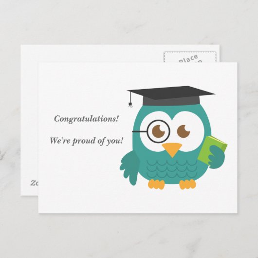 卒業式でかわいいブルーフクロウ 案内ポストカード (正面/裏面)