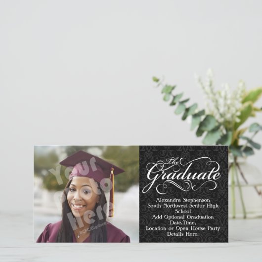 卒業式にふさわしいエレガントなブラック 案内状 (スタンド正面)