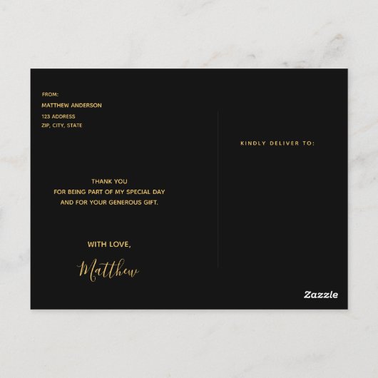 卒業式のお礼カード 黒金色のコンフェッティ ポストカード (裏面)