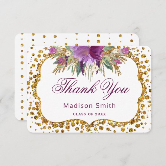卒業式のお礼 花のゴールドグリッターコンフェッティ 招待状 (正面/裏面)