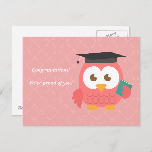 卒業式のかわいいピンクのフクロウ 案内ポストカード (正面/裏面)
