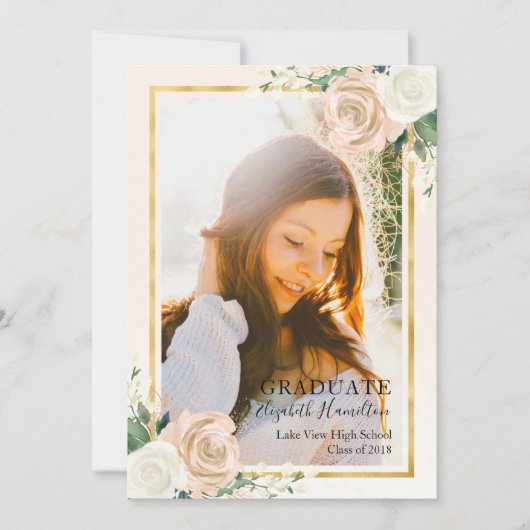 卒業式のご案内 ブルッシュフラワーとゴールド箔押し 案内状 (正面)