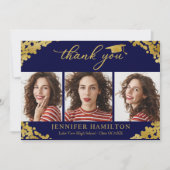 卒業式のゴールド箔 青い背景の感謝カード 招待状 (正面)