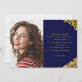 卒業式のゴールド箔 青い背景の感謝カード 招待状 (裏面)