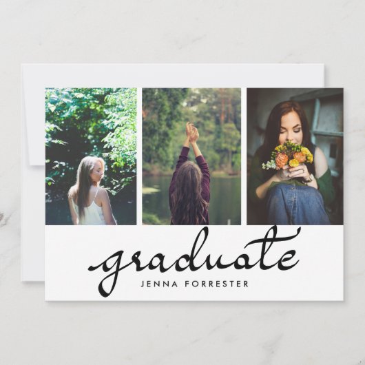 卒業式のタイポグラフィー3枚の写真パーティー 招待状 (正面)