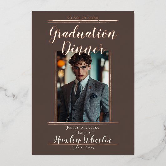 卒業式のディナー/ランチョン 銅色のモカ 箔招待状 (正面)