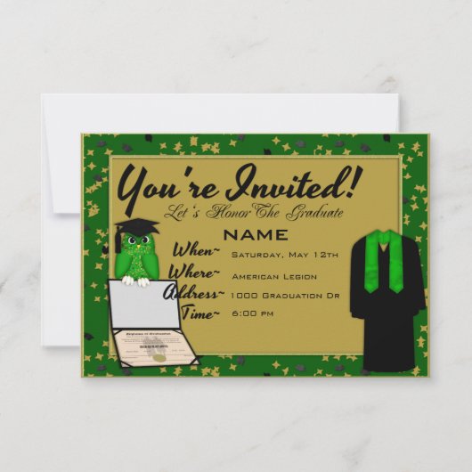 卒業式のドレスとストール 緑の招待状 招待状 (正面)