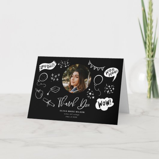 卒業式のドードルと大学院のフォトブラック サンキューカード (正面)