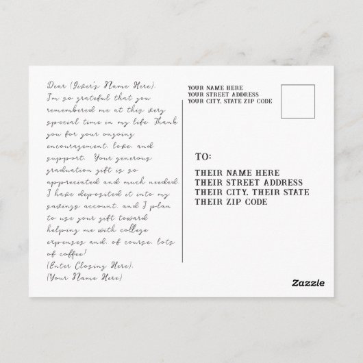 卒業式のポストカード, 男性的なお礼カード ポストカード (裏面)