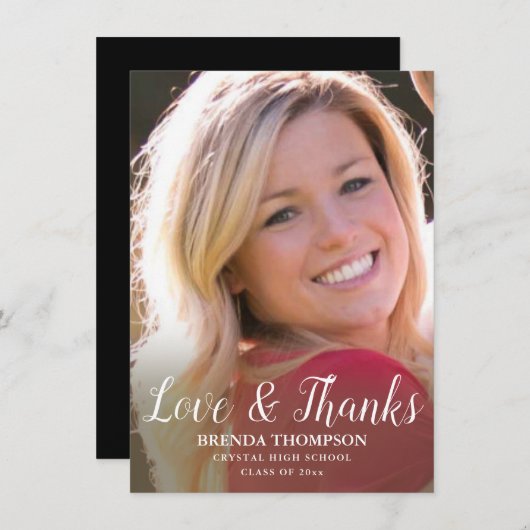 卒業式の愛と感謝してい白文字の写真 サンキューカード (正面/裏面)