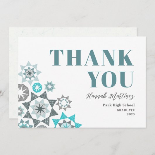 卒業式の手描きシェイプのトロピカーナティール(緑がかった色) サンキューカード (正面/裏面)