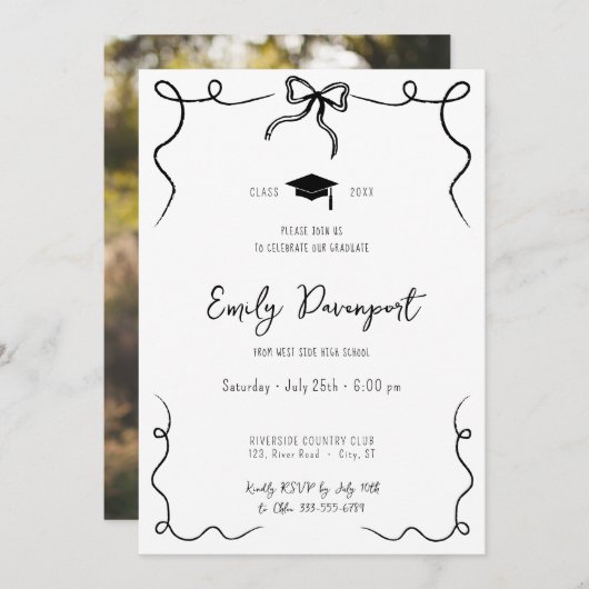 卒業式の手描き弓の背中の波状の写真 招待状 (正面/裏面)