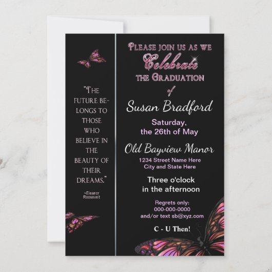 卒業式の招待 – 蝶 – 写真の挿入 –  招待状 (裏面)