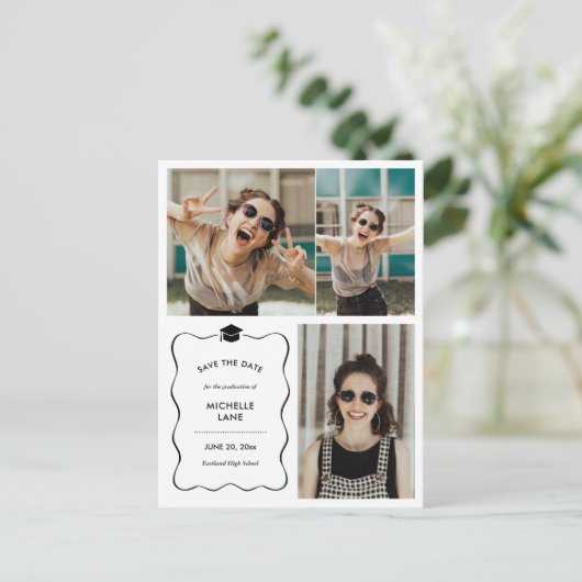 卒業式の日付の保存 | 写真モダンコラージュ ポストカード (スタンド正面)