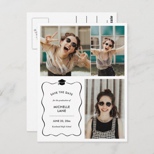 卒業式の日付の保存 | 写真モダンコラージュ ポストカード (正面/裏面)