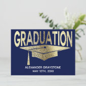 卒業式の日付の青モダンのフェイク保存 招待状 (スタンド正面)