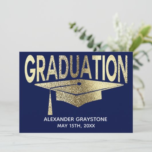 卒業式の日付の青モダンのフェイク保存 招待状 (スタンド正面)