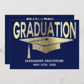 卒業式の日付の青モダンのフェイク保存 招待状 (正面/裏面)