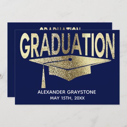 卒業式の日付の青モダンのフェイク保存 招待状 (正面/裏面)