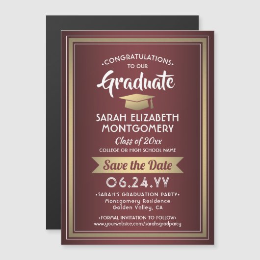 卒業式の日付を保存Burgundy赤金ゴールド白 マグネット招待状 (正面/裏面)