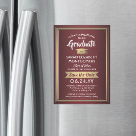 卒業式の日付を保存Burgundy赤金ゴールド白 マグネット招待状
