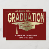 卒業式の日付を赤モダンく保フェイク存 招待状 (正面/裏面)