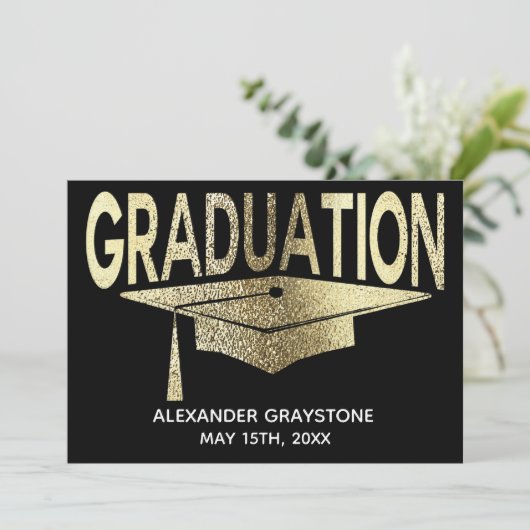 卒業式の日付を黒モダンに保フェイク存 招待状 (スタンド正面)
