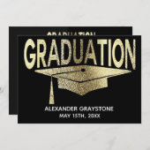 卒業式の日付を黒モダンに保フェイク存 招待状 (正面/裏面)