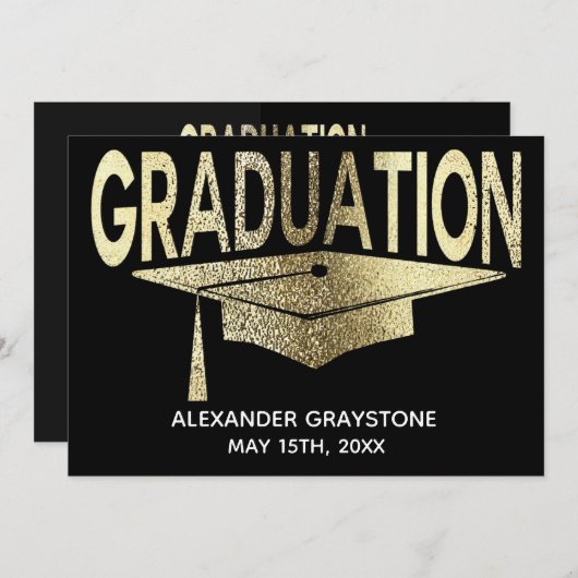 卒業式の日付を黒モダンに保フェイク存 招待状 (正面/裏面)