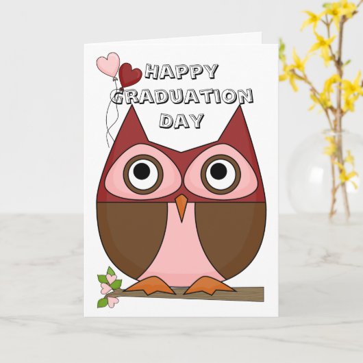 卒業式の日-庶民的なフクロウ及びハートの気球 カード (黄色い花)