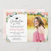 卒業式の水彩ピンクのフローラスクリプトの起動 招待状 (正面/裏面)