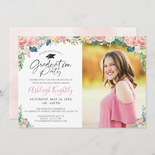 卒業式の水彩ピンクのフローラスクリプトの起動 招待状 (正面/裏面)