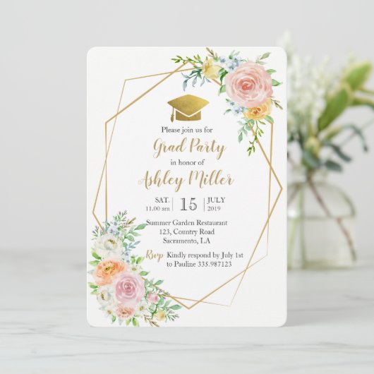 卒業式の水色フローラフォトカード 招待状 (スタンド正面)