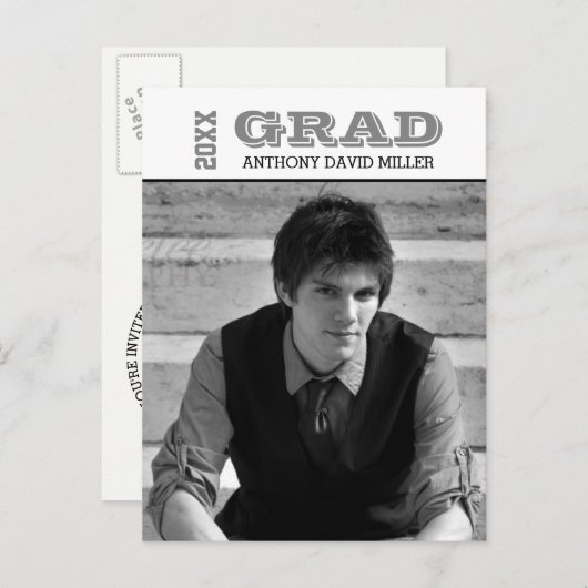 卒業式の白黒 – 卒業発表はがき インビテーションポストカード (正面/裏面)