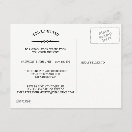 卒業式の白黒 – 卒業発表はがき インビテーションポストカード (裏面)