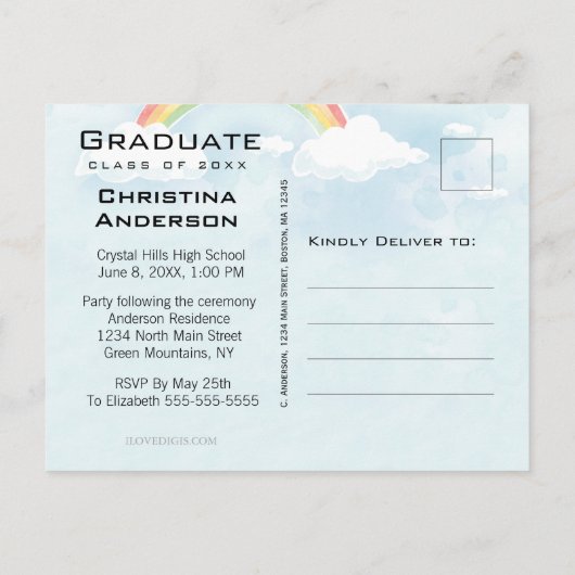 卒業式の虹が日付を救うグラドキャップ 案内ポストカード (裏面)