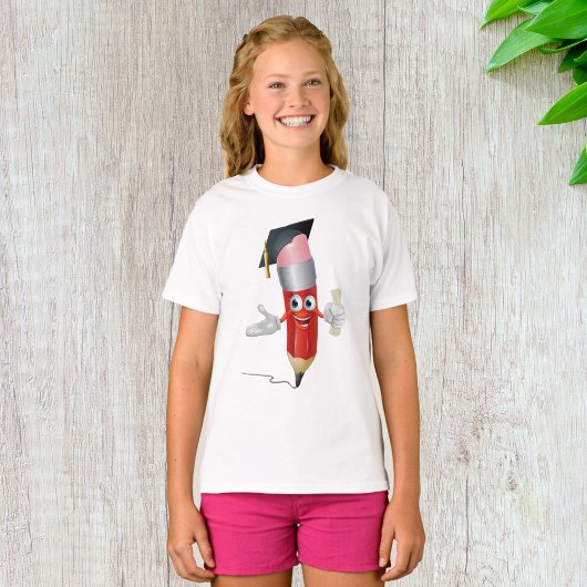 卒業式の鉛筆キャラクターが卒業証書を持つデザイン Tシャツ