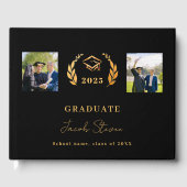 卒業式の黒い金ゴールド名スクリプトの写真 ゲストブック (正面)