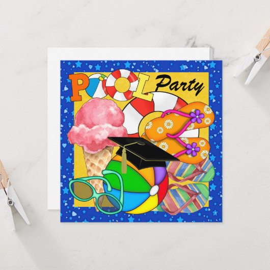 卒業式や特別な行事のプールパーティー招待状 招待状 (正面/裏面インサイチュ)