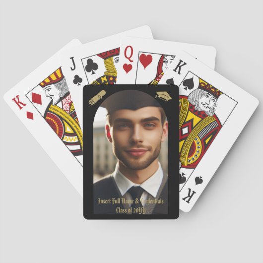 卒業式アーチフォト、金ゴールドキャップ&タッセル、ディプロマ トランプ (裏面)