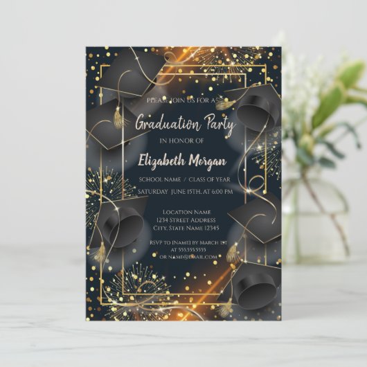 卒業式エレガントキャップドット卒業パーティー 招待状 (スタンド正面)