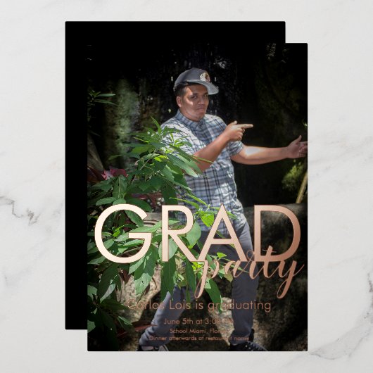 卒業式エレガントパーティー写真が押された 箔招待状 (正面/裏面)