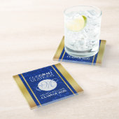 卒業式エレガントモノグラムブルー大理石ゴールド箔 ガラスコースター (アングル)