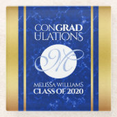 卒業式エレガントモノグラムブルー大理石ゴールド箔 ガラスコースター (正面)