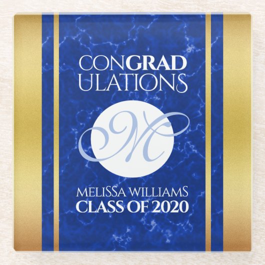 卒業式エレガントモノグラムブルー大理石ゴールド箔 ガラスコースター (正面)