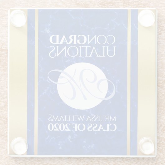 卒業式エレガントモノグラムブルー大理石ゴールド箔 ガラスコースター (裏面)